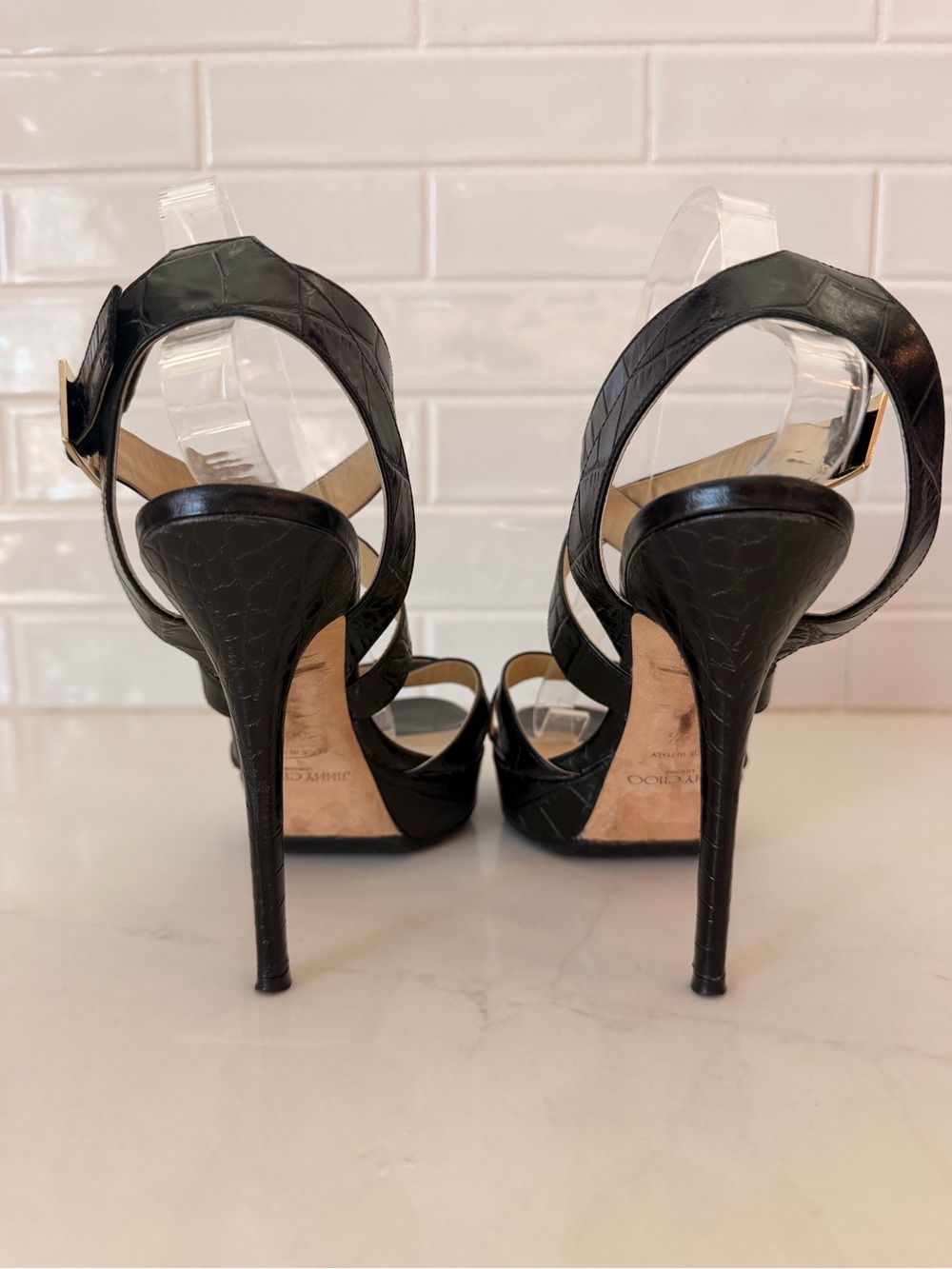 Jimmy Choo Women's Black Croc Embossed Vamp Leather Platform Heels Size 40.5 - Picture 4 of 10